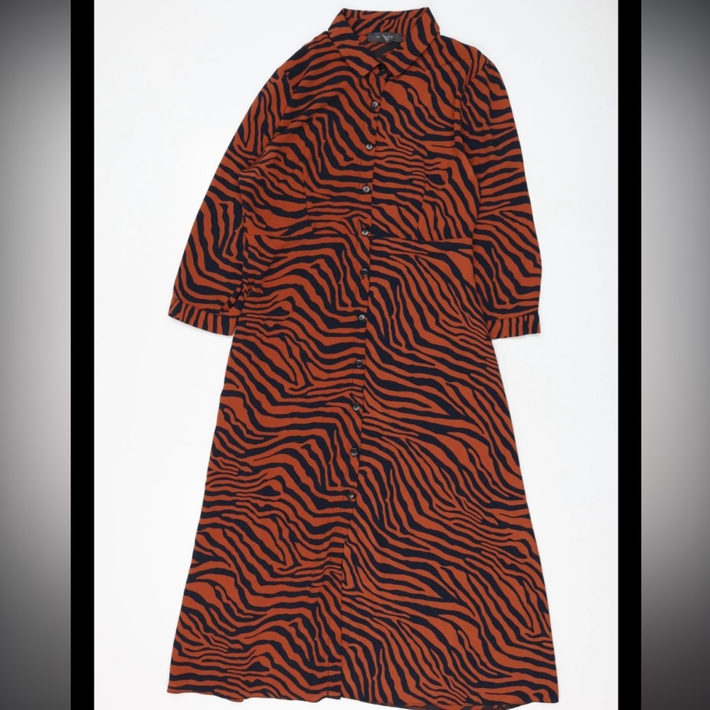 Brown Animal Print Polyester Shirt Dress Collared Button - Tiger Print